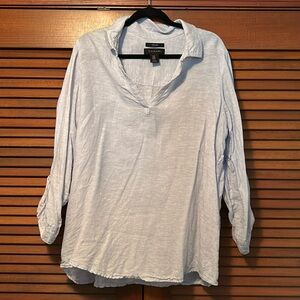 Tahari light blue linen tunic pullover top back buttons XL